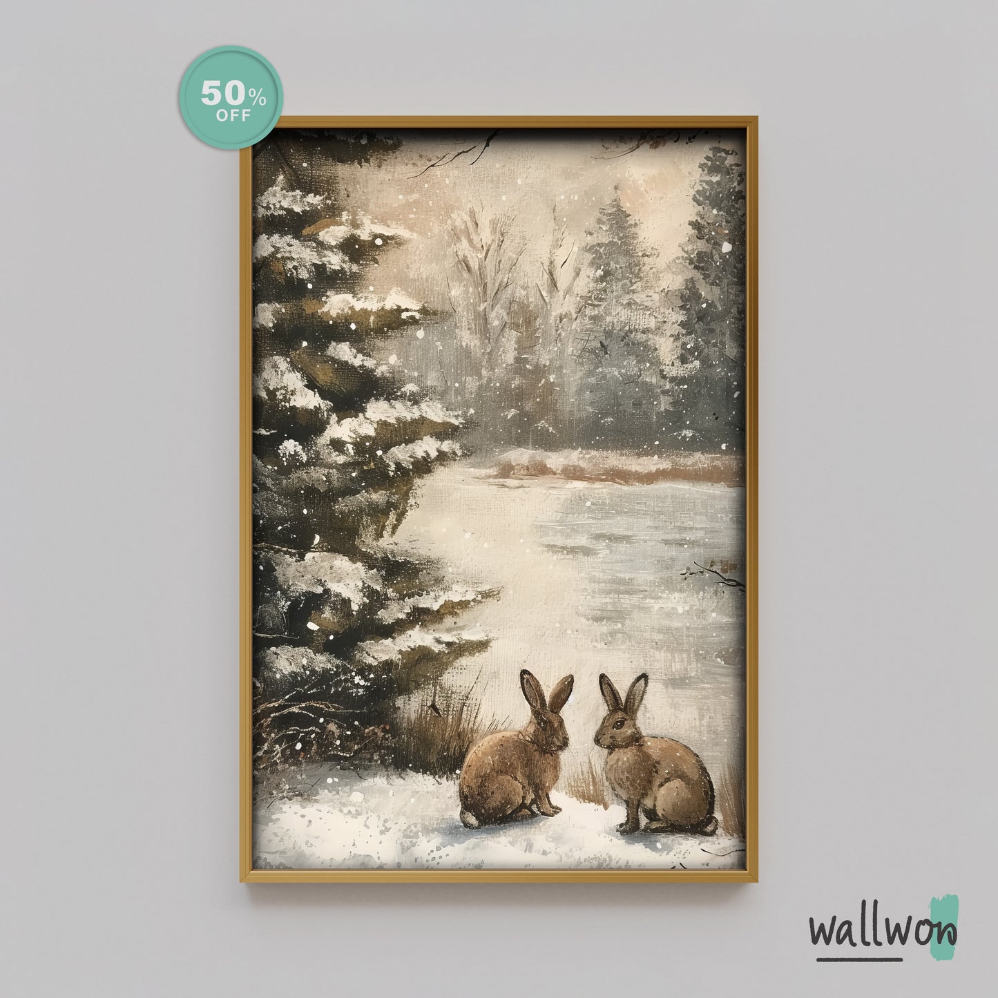 Snowy Companions: Rabbits by the Pine Tree | PRINTABLE Digital Download