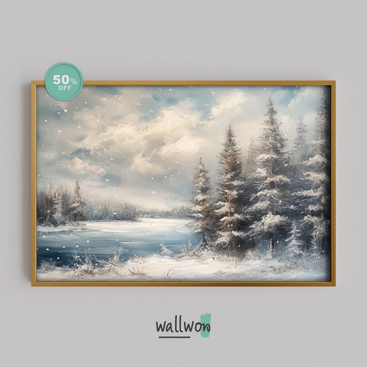 Winter's Tranquil Reflection: Frozen Lake and Pine Trees Painting DIGITAL Art | PRINTABLE Digital Download