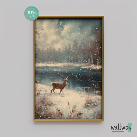 Frosty Haven: Deer by the Frozen Lake | PRINTABLE Digital Download