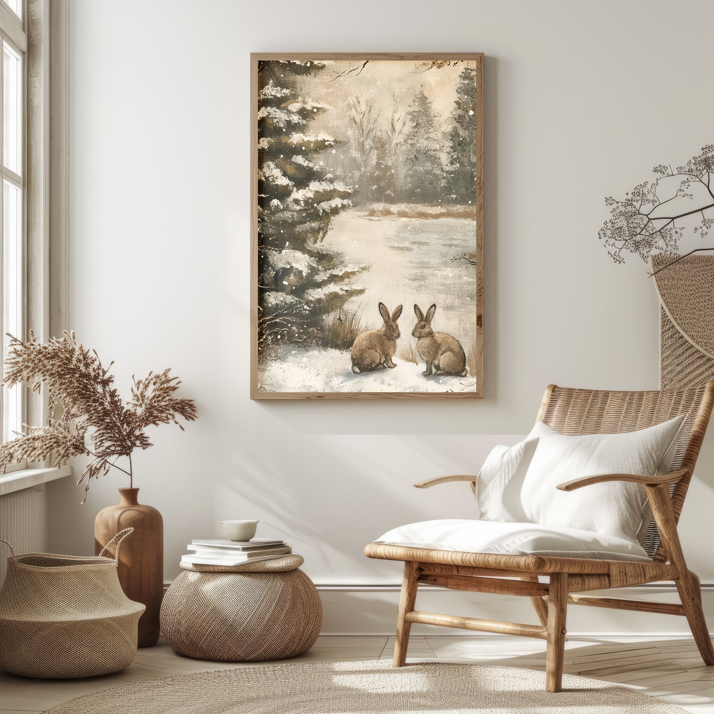 Snowy Companions: Rabbits by the Pine Tree | PRINTABLE Digital Download