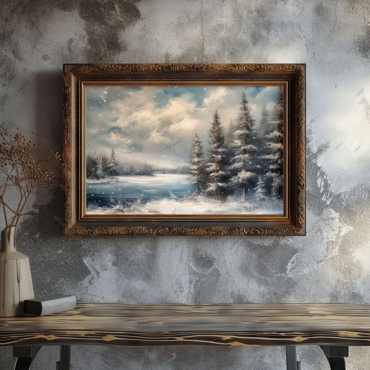 Winter's Tranquil Reflection: Frozen Lake and Pine Trees Painting DIGITAL Art | PRINTABLE Digital Download