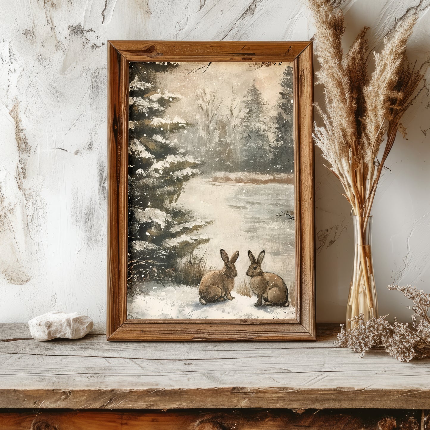 Snowy Companions: Rabbits by the Pine Tree | PRINTABLE Digital Download