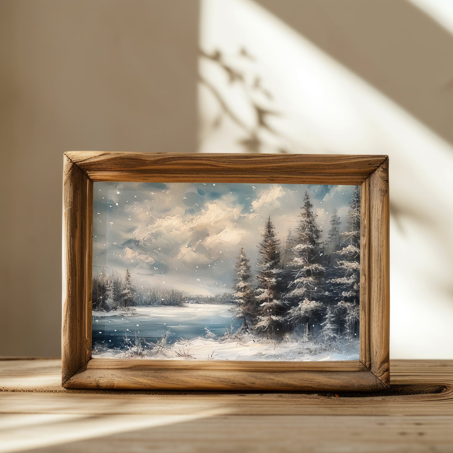 Winter's Tranquil Reflection: Frozen Lake and Pine Trees Painting DIGITAL Art | PRINTABLE Digital Download